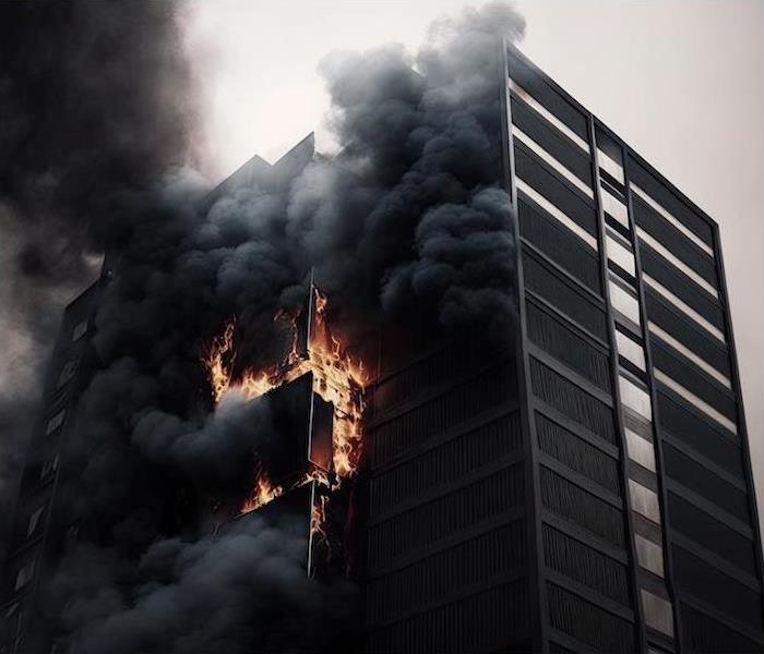 Dramatic image of a multi-floor fire in a high-rise building in a city
